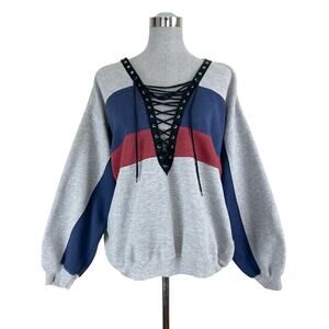Vintage Reworked Gray Lace-Up Sweatshirt with Blue and Red Stripes